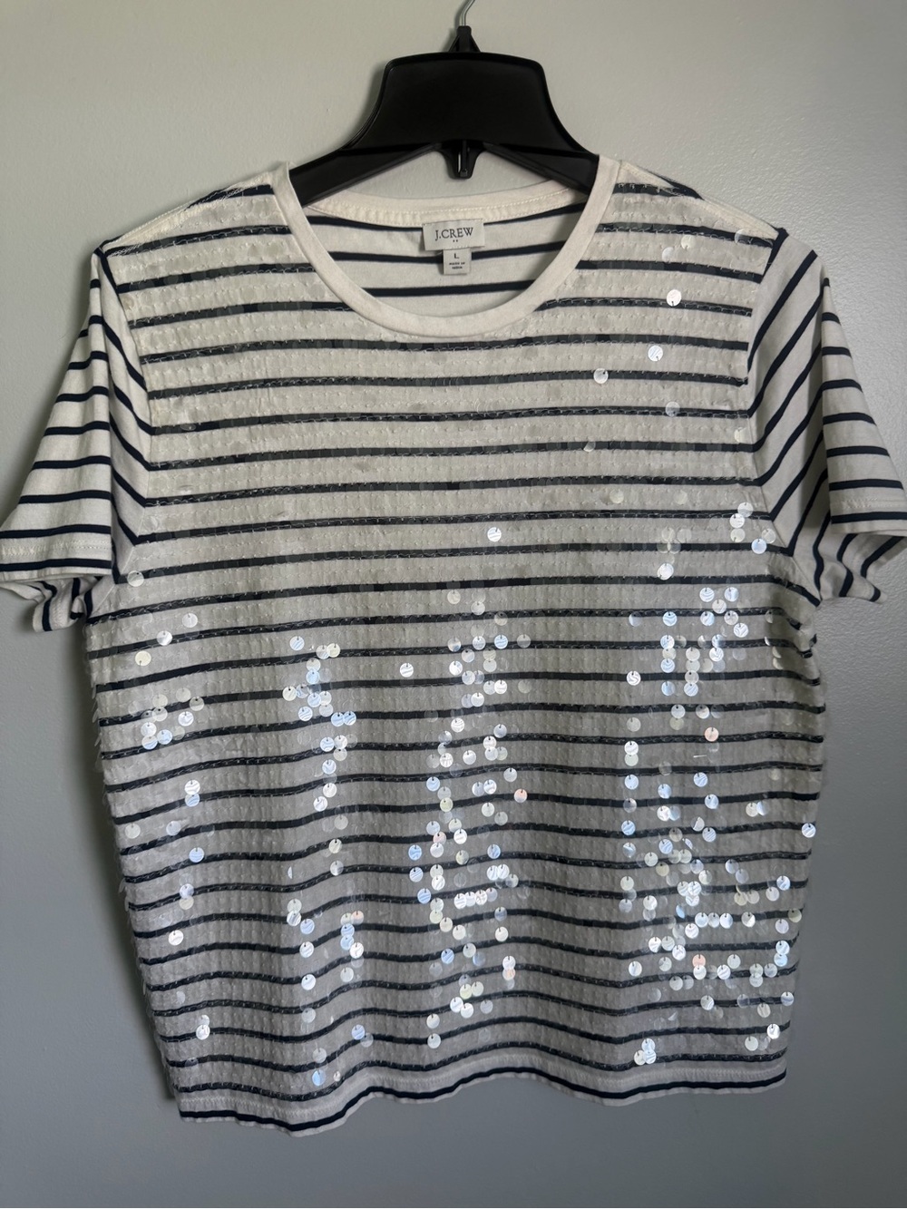 J. Crew White & Navy Striped Sequin Short-Sleeve Tee size large